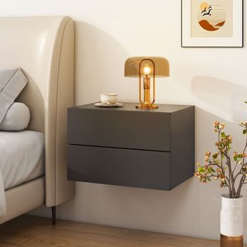 Mesita De Noche | Mesilla De Noche Flotante 2 Cajones Estante Flotante Gris Para Dormitorio Y Salón