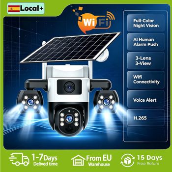Cámara Solar WiFi para Exteriores de 12MP 6K, 3 Lentes, 3 Pantallas, Visión Nocturna en Color, Resistente al Agua IP66, Audio Bidireccional, Cámaras V380, Seguimiento Móvil PIR, Protección de