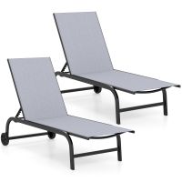 costway set de dos tumbonas exteriores con respaldo ajustable en cinco niveles y ruedas deslizantes estructura metalica resistente 190 x 69cm gris