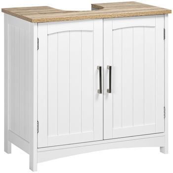Mueble Bajo Lavabo De Mdf Con Dos Puertas Y Estante Regulable, 60 X 33 X 60 Cm – Blanco Y Madera Natural