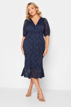 Yours London Vestido Azul Marino De Encaje Con Escote Cruzado, Mujer Curvy Y Tallas Grandes, Yours London