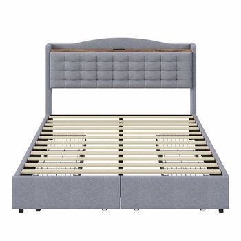Cama De Adulto De Lino 160x200 Cm - Con Toma Usb Y 4 Cajones - Somier De Láminas - Gris Claro