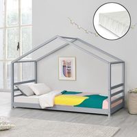 cama para ninos de pino con colchon de espuma fria - 200 x 90 cm - cama infantil - forma de casa - certificado oeko-tex 100 - en color gris lacado mate encasa