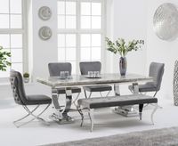 haven 180cm grey marble table with giovanni velvet chairs and grey velvet fitzrovia bench - grey 2 chairs