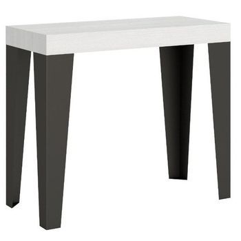 Consola Extensible Diseño Flavio En Madera Y Hierro 90x40/196 O 90x40/300 Cm-color Blanco-soporte 2 Pies-5 Alargaderas Finas