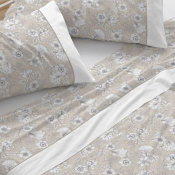 Juego De Sábanas 100% Algodón Extrasuave Diseño Toile De Jouy Agua 135 X 190/200 Cm - Beige - Burrito Blanco