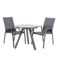 conjunto de mesas y sillas de jardin redonda 70 cm cristal templado color antracita  2 sillones acolchados