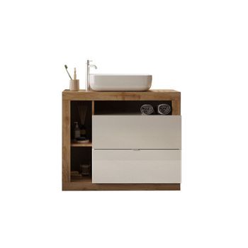 Mueble De Baño Con Un Lavabo Y 2 Cajones, Longitud 92 Cm, Colección Bura. Color Blanco Brillante Y Roble Claro.