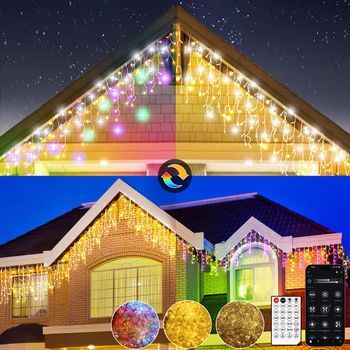 15m Luces Navidad Exterior, Cortina Luces Exterior Blanco Cálido Y Rgb, Luz Navidad Con Control Remoto Y App, 17 Modos+4 Brillos+temporizador, Decoracion Para Christmas(600l,c/rgb)