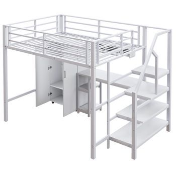 Cama Alta - 140x200cm - Armario - Estante - Escalera De Almacenamiento - Escritorio - Sin Colchón - Blanca