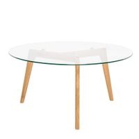 mesa centro con patas de roble y tablero de vidrio de 90 cm