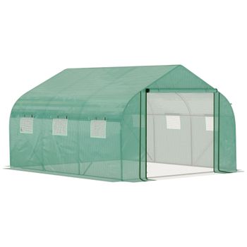 Outsunny Invernadero de Jardín Invernadero de Túnel con Puerta y 6 Ventanas Enrollables de Polietileno Galvanizado Verde   Aosom España