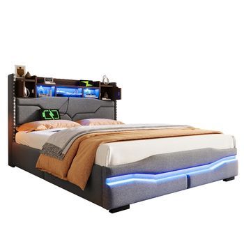 Cama Tapizada 140x200cm Gris Con Almacenamiento Hidráulico, Luces Led Y Usb, Lino Y Mdf