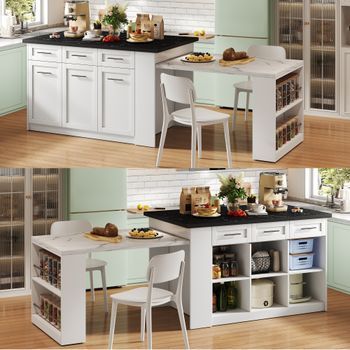 Isla De Cocina Blanca De 150 Cm Con Mesa Extensible Y Encimera Efecto Mármol