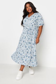 Limited Collection Vestido Midaxi Blanco De Flores Azules, Mujer Curvy Y Tallas Grandes, Limited Collection