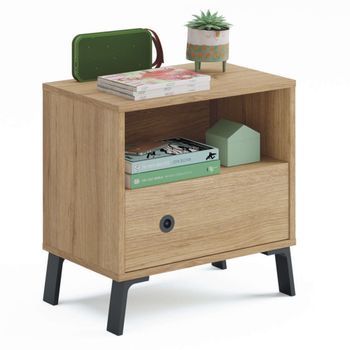 Mesita De Noche Habitación Clim 1 Cajon 1 Hueco Estilo Industrial Color Roble Gold 52x50x35 Cm