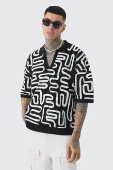 Polo Tall Oversize Recto De Punto Con Estampado Abstracto, Negro