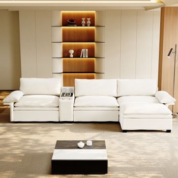 Canapé De Esquina Modular En Chenilla Cloud, Con Almacenamiento/ottomán, Carga Inalámbrica, Altavoz, Luces, Portavasos, Beige/blanco, Salón/oficina
