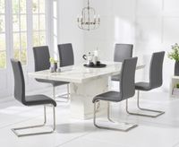 carvelle 160cm white pedestal marble dining table with malaga chairs