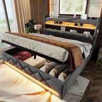 cama tapizada doble 180x200 cm almacenamiento usb led 360 somier hidraulico lino gris