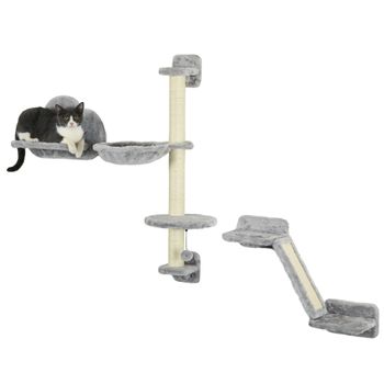 PawHut Juego de Pared de Escalada para Gatos de 3 Piezas con Hamaca Rampa con Rascador Plataforma en Forma de Nube Gris