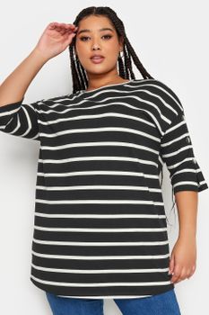 Yours Camiseta Algodón Negra De Rayas Con Media Manga, Mujer Curvy Y Tallas Grandes, Yours