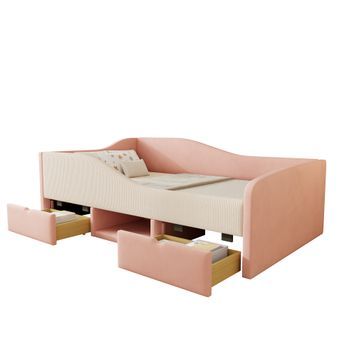 Sofá Cama 90 X 190 Cm - Cama Infantil Con Escalones Y Barandillas - En Terciopelo Suave - 2 Cajones - Rosa
