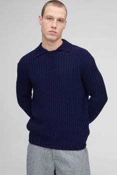 Polo Oversize De Punto Grueso Con Solapa, Azul