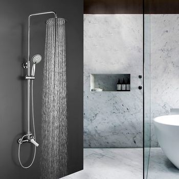 Kibath Columna De Ducha Extralarga Monomando Six | Altura Regulable 100-150 Cm | Latón Macizo Cromo Brillo | Diseño Redondo Con Rociador Efecto Lluvia Y Alcachofa | Ideal Techos Altos