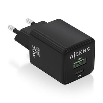 Aisens ASCH-30W2P038-BK Cargador GaN 30W 1xUSB-C PD3.0 QC4.0 1xUSB-A QC3.0 Negro