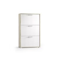 mueble zapatero de color olmo con frente blanco y 3 puertas de doble fondo