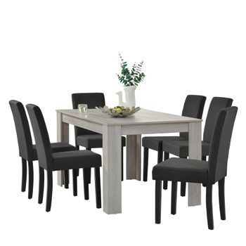 Set De Comedor Kramfors Mesa Con 6 Sillas Rústico Mdf Textil 140 X 90 X 77 Cm - Roble Blanco Y Gris Oscuro [en.casa]