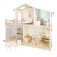 woomax - casa de munecas madera con muebles y accesorios  52x20x40 cm colores pastel 2 pisos 4 estancias y 1 balcon 16 piezas casita de muneca juguetes ninos 3 anos sello fsc