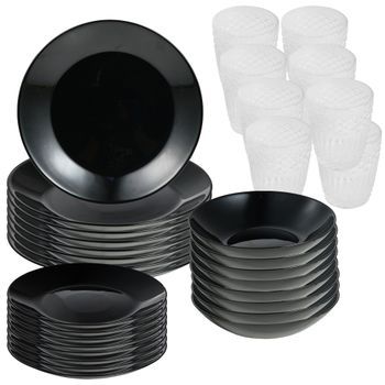 Vajilla 24 Pzs Negra + 8 Vasos 300 Ml Transparente San Ignacio