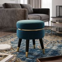 taburete redondo en tejido azul con patas de madera o cm 35x405