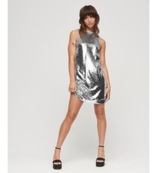Superdry para mujer. W8011520A Minivestido recto con lentejuelas plateado (S), Plata, Fiesta, Poliéster, Sin mangas / Tirantes