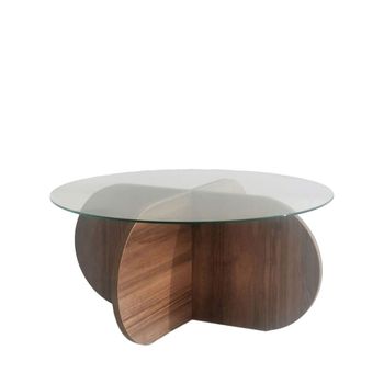 Mesa de centro redonda vidrio templado y madera ø75cm - madera oscura