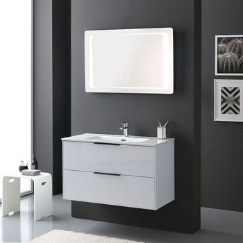 Mueble De Baño Suspendido Blanco Brillante De 90 Cm Con Espejo Led | Parigi