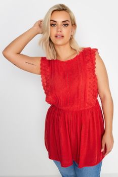 Yours Blusa Plumeti Roja De Algodón Con Puntilla, Mujer Curvy Y Tallas Grandes, Yours