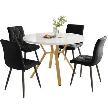 Juego De Mesa Y Sillas De Comedor, Mesa De Comedor Redonda Moderna, Juego De Comedor 5 Piezas, 100x75cm, Mdf Y Terciopelo, Blanco Y Negro