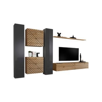 Conjunto De Muebles De Diseño Para Sala Switch Vi. Colores Gris Y Roble Acabado En Gris Brillante Y Efecto Roble Fresado.