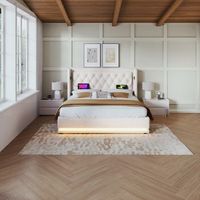 cama tapizada beige de algodon 140x200 cm con almacenaje hidraulico led y usb tipo c