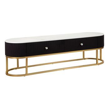 Mueble De Tv De Metal Dorado,tela Negra Y Madera Blanca 150x42x45 Cm