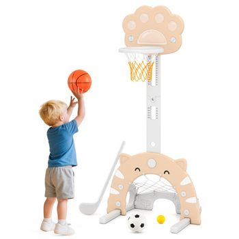 Costway Canasta de Baloncesto 3 en 1 Ajustable en Altura con Juegos de Fútbol y Golf para Niños de 3+ Años 65 x 49 x 130-151 cm Caqui