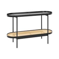 consola moderna mesa tablero de vidrio estructura metalica 1 estante trenza vienesa madera clara reno