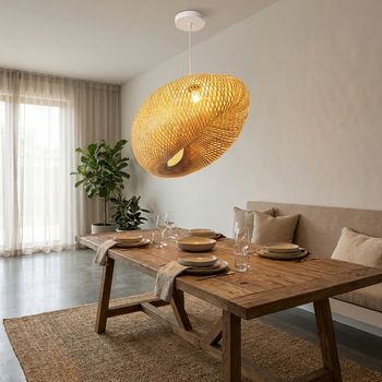 Lámpara Colgante De Bambú Y Mimbre Ø45 Cm E27 Blanca Estilo Boho Artesanal Para Salón O Dormitorio