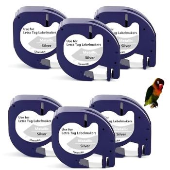 6 cintas Compatibles Dymo LetraTag Texto negro sobre fondo metalico 91208