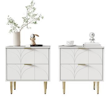 Juego De 2 Mesitas De Noche Con 2 Cajones - Decoradas Con Motivos Florales - Blanco