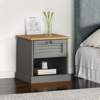Mesita De Noche - Mueble Para Dormitorio - Madera Maciza De Pino - Gris (42x35x42cm)