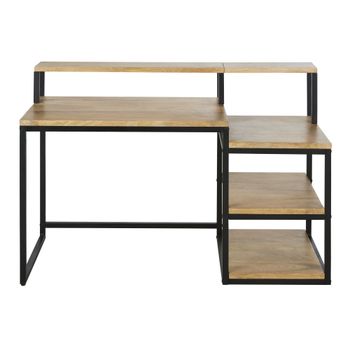 Escritorio de madera de mango y metal negro con 3 baldas